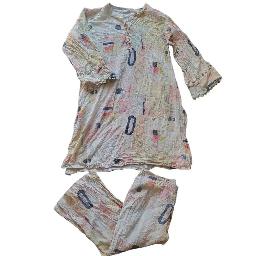 ETHNC Kurta Salwar Set Abstract Art Print Lace Shell Linen Cotton Flowy